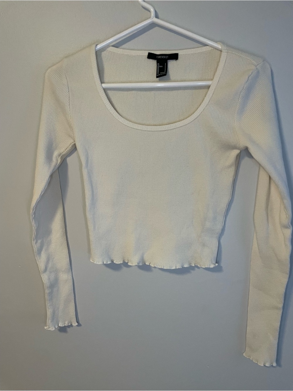 Forever 21 White Ribbed Scoop Neck Long Sleeve Top
